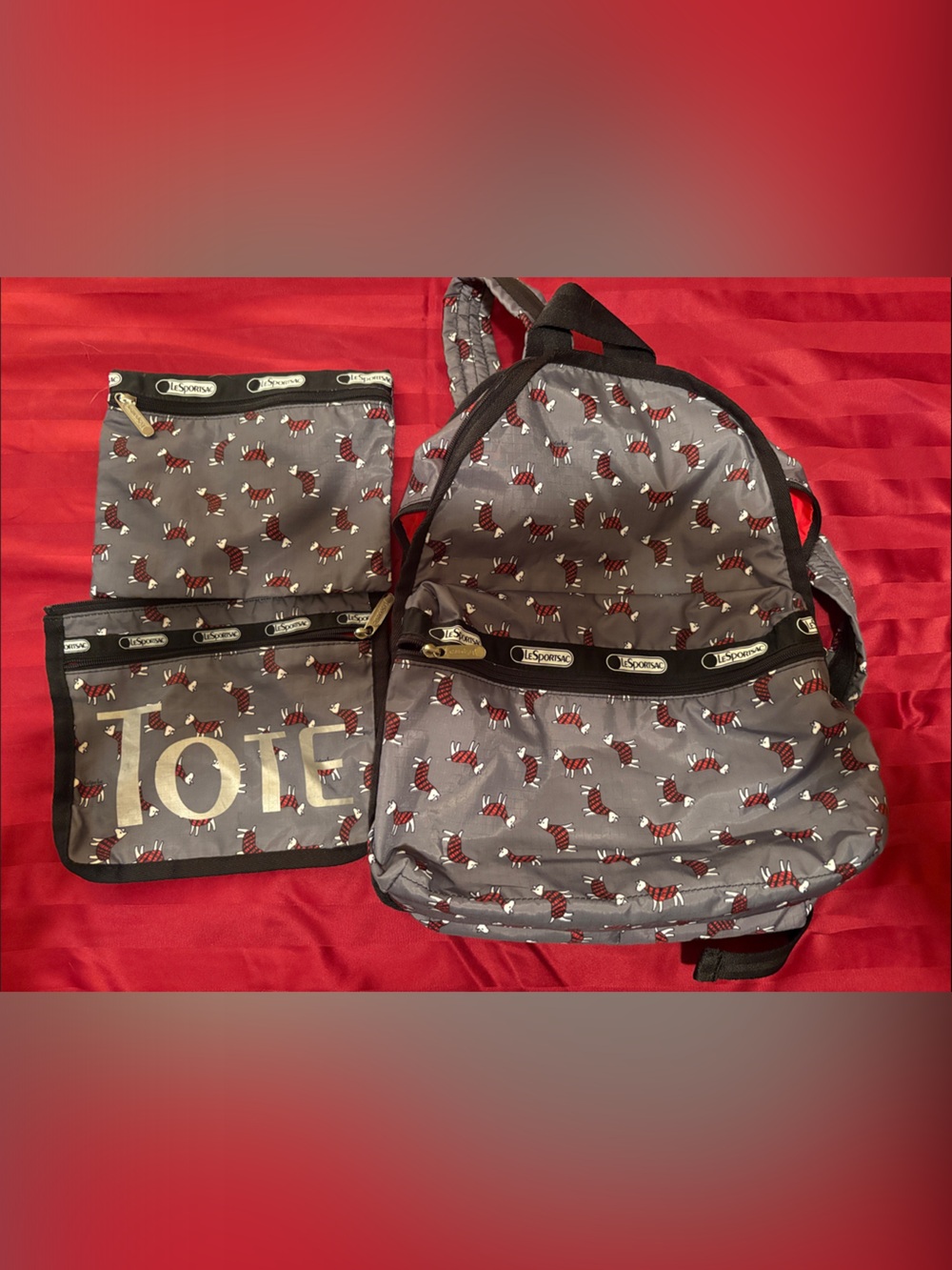 Lesportsac Gray Backpack Set with Red, White, and Black Dog Print